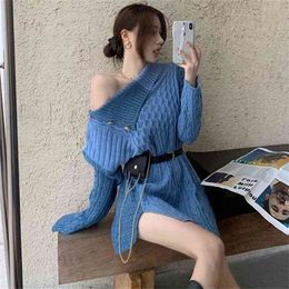 Autumn Sweaters Off-Shoulder Long-Sleeved Linen Flower Colour Stitching Sweater Loose Split Midi Pullovers Tops Women PL530 210506