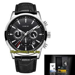 LIGE eternity LG9866 Sport Mens Watches Date Blacks Dial Japan VK Quartz Chronograph Movement Men Watch alloy Case Black Leather Strap