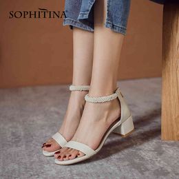 SOPHITINA Women Sandals Concise Pearl Zipper Premium Leather Sandals Cover Heel Open Toe Elegant Green Summer Lady Shoes AO898 210513