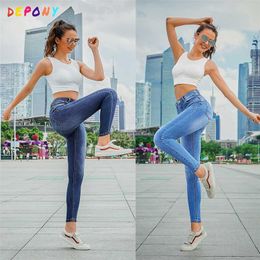 Depony High Waist Pencil Jeans Stretch Lycra Pants Women Black Denim Skinny Elastic Slim Plus Size 211129