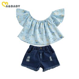 1-6Y Summer Toddler Kid Girls Clothes Set Flower Off Shoulder Tops Denim Shorts Jeans Outfits 210515