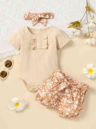 Baby Frill Trim Bodysuit & Floral Print Paperbag Waist Belted Shorts With Headband SHE