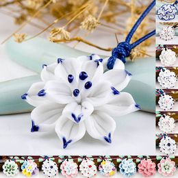 Vintage Style Blue and White Ceramic handmade Lotus Flower Pendant Necklace Chinese Style Ethnic Long Women Lady
