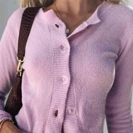 knitted cropped cardigan women autumn winter purple short cardigans long sleeve button casual streetwear tops 210427