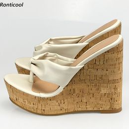 Rontic 2021 Women Summer Platform Mules Sandals Flip-Flop Sexy Wedges Heels Open Toe Elegant Beige Casual Shoes US Size 5-20
