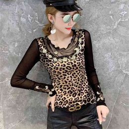 Leopard T-shirt Women Autumn Mesh Patchwork Appliques Embroidery Slim Stretchy Tops Shirt Transparent Long Sleeve S-3XL T98691 210421