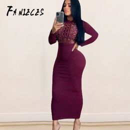 Women Sexy Bandage Black autumn spring Elegant long Sleeve Diamond Slim Pencil evening Party Dresses Ladies Bodycon Vestidos 210520