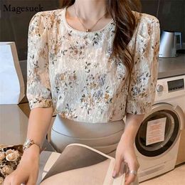 Summer Vintage Short Sleeve Shirts for Women Office Lady Crochet Floral Blouse Round Neck Loose Tops Blusas Mujer 9625 210512