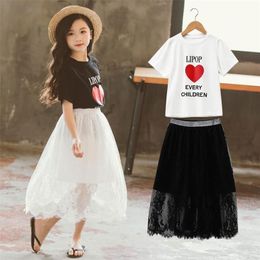 Summer Baby Girls Clothes Kids Short Sleeve + lace Skirts Suits Children Clothing Sets Girl Princess Outwear 6 8 10 12 13 Years 210326