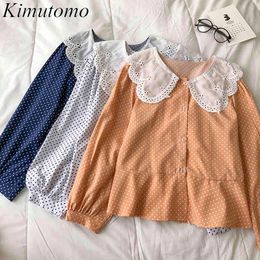 Kimutomo Sweet Hollow Lace Blouse Girls Peter Pan Collar Shirt Spring Korean Fresh Single-breasted Long Sleeve Polka-dot Top 210521