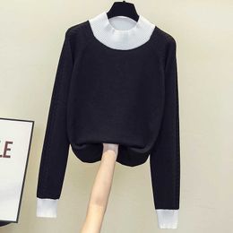 L-4XL plus size women Spring autumn half turtleneck sweater long Sleeve Patchwork Oversized kint pullover female jersey mujer 210604