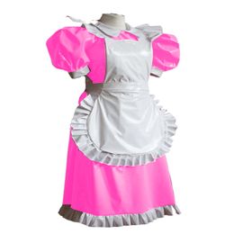 7 Colours Ladies Maid Ruffle Hem Mini Dress PVC Wetlook Cosplay Dress With Apron Lovely Waitress Themed Party Costume