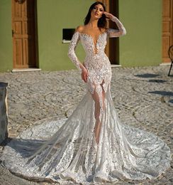 Arabic Aso Ebi 2021 Luxurious Lace Beaded Wedding Gowns Sheer Neck Long Sleeves Vintage Sexy Bridal Dresses ZJ366