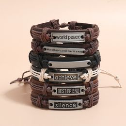 6style/set adjustable genuine leather bracelet WORID PEACE BESTFRIEND ACHIEVE SILENCE