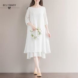 Spring Summer Floral Printed Cotton Linen Dress Women Half Sleeve Round Neck Fake Two Piece Vintage Embroidery Female 210520