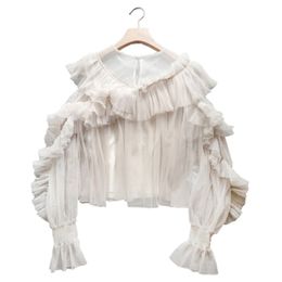 Women Apricot Mesh Ruffle O Neck Flare Long Sleeve Solid Blouse Shirt Korean Version B0517 210514