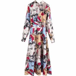 Women vintage contrast color ink painting print casual sashes long Dress ladies stand collar bow tied vestido Dresses DS3047 210603