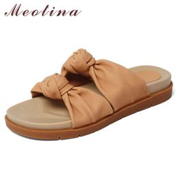 Meotina Women Slippers Shoes Genuine Leather Sandals Flat Pleated Slides Round Toe Sheepskin Ladies Footwear Summer Apricot 40 210608