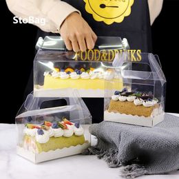 StoBag 10pcs Transparent Tote Boxes With Paper Tray For Baby Show Birthday Party Cake Decorating Supplies Cookies Food Package 210602