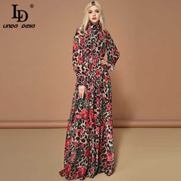 LD LINDA DELLA Fashion Runway Long Sleeve Maxi Dresses Women's Elegant Party Rose Floral Leopard Print Long Dress Holiday Dress 210719