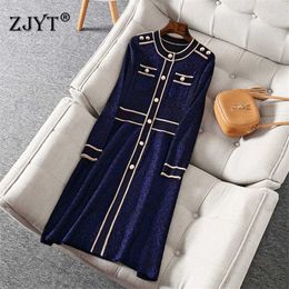 Autumn Winter Runway Fashion Color Block Knitting Sweater Dress Women Clothes Elegant Designer Vintage Party Robe Femme Vestidos 210601