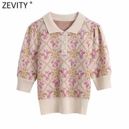 Zevity Women Vintage Animal Floral Pattern Crochet Knitting Sweater Female Short Sleeve Casual Slim Chic Pullovers Tops S680 210603