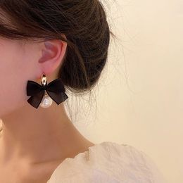 Contracted Fabric Lace Bowknot Pearl Drop Earrings Sweet Black Colour Korea Fashion Women Lovely Earrings Jewellery