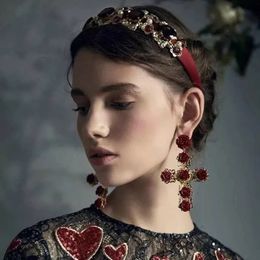 2021 New Design Euramerican Baroque Style Big Rose Flower Filigree Cross Statement Earring Gold Colour Enamelled Dangle Earring