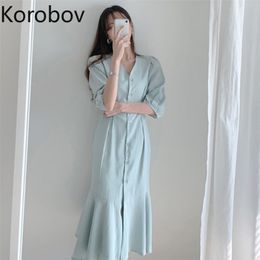 Korobov V Neck Single Breast Design Elegant Dress Women Short Sleeve Solid Mermaid Vestido Summer New High Waist Dresses 210430