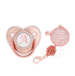 Pacifiers# Luxury Rose Gold Initial Letter A Bling Baby Pacifier With Chain Clip Born BPA Free Dummy Soother Chupeta Sucette