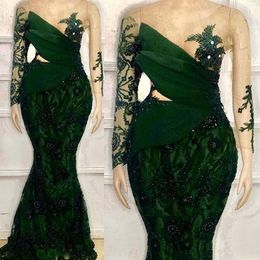 2021 Dark Green Evening Dresses Mermaid vestidos Custom Made Luxury Beaded Lace Long Sleeves Illusion Bodice Sequins Scoop Neck Plus Size vestido