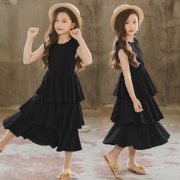 Black 3 Layer Cake Dress for Girls Summer Elegant Princess Teens Girl Party Frock Kids Cotton Maxi Long Children Evening Dresses Q0716