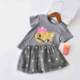 Summer Animal Print T-Shirt+Star Pattern Mesh Skirt 2Pcs Baby Girl Clothes For 1-5 Years 210528