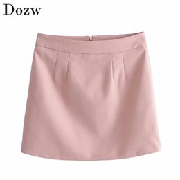 Women Elegant A Line Pink Skirt High Waist Office Ladies Mini s Fashion Solid Colour Pleated Jupe Femme 210515