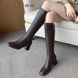 Meotina Buckle Genuine Leather High Heel Knee High Boots Women Shoes Square Toe Zip Thick Heels Ladies Long Boots Autumn Winter 210608