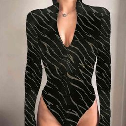 Mock Neck Zipper Elastic Glitter Gold Striped Velvet Sexy Bodysuit Warm Women Autumn Winter Long Sleeve Open Crotch Bodys 210510