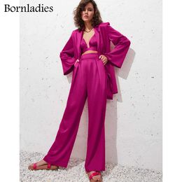 Bornladie 3 Pieces Sets Long Sleeve Loose Belt Satin Blazer Coat High Waist Pants Legs Adjustable Female Sexy Set 210930