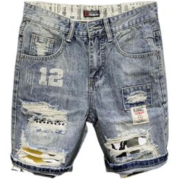 Men's Jeans Wholesale 2021 Korean Fashion Men Casual Beggar Hole Denim Shorts Brand Printed Patch Ripped Short Pants2024