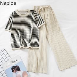 Neploe 2piece Set Women Striped Knitted O Neck Short Sleeve Top+Lace Up Stretch Waist Wide Leg Pants Fashion Suits 1B860 210423