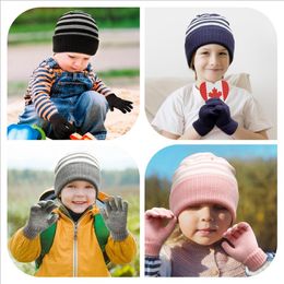 Kids Hat Gloves Set 2 PCS Stripe Caps Solid Color Mittens Knitted Keep Warm Baby Accessories 6 Colors Optional BT6674