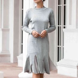 Autumn and Winter Knitted dress Women Long-Sleeved Mesh Splicing Dress Loose-Fit Knitted midi Pleated Dress Office Lady 210514