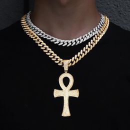 Chains Egyptian Ankh Necklace Charm Men's Cross Pendant Rope Chain Key Of Life Iced Out Rhinestone Cuban Hip Hop Jewellery