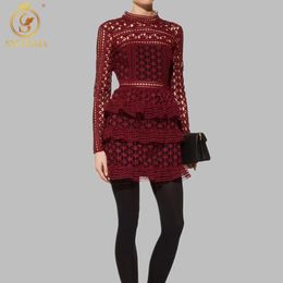 Arrival Spring Red/Blue/Party Lace Hollow Out Dress Women Long Sleeve Vestidos 210520
