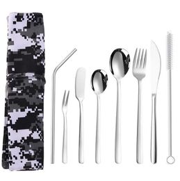 9pcs/set Portable Stainless Steel Flatware Sets Dinnerware Tableware Set Knife Fork Spoon Straw With Camouflage Bag Outdoor