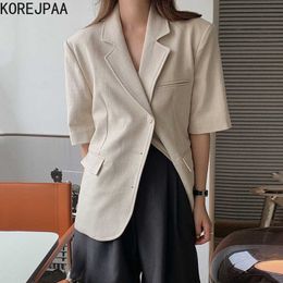 Korejpaa Women Sets Summer Korean Chic Temperament Lapel Three Button Short Sleeve Blazer High Waist Wide Leg Casual Shorts 210526