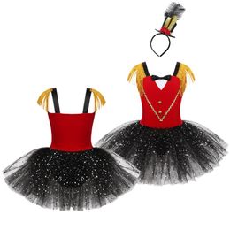 Girl's Dresses Kids Girls Halloween Circus Ringmaster Costume Dancewear Sleeveless Tassel Bowtie Sweetheart Foil Sequins Mesh Tutu Dress