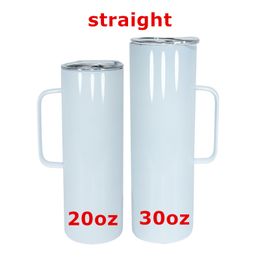 Sublimation Handle Straight Tumblers 20oz 30oz White Blank Handgrip Cups 304 Stainless Steel Water Bottles Double Insulated Glass with Lid&Plastic Straw A12