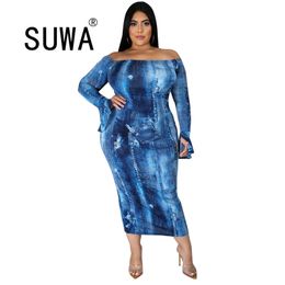 Spring Women Midi Dress Elegant Sexy Club Wear Slash Collar Long Sleeve Tie Dye Dresses Wholesale Plus Size Clothing Female 210525