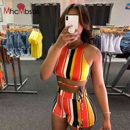 Women Two Piece Set Colourful Striped Halter Sleeveless Crop Tops + Skinny Shorts Suit Summer Sport Tracksuits Beach Outfits 210517