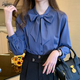 Autumn Style Top Blue Lantern Long Sleeve Single-breasted Chiffon Blouse OL Blusa Bow V-Collar Lady's Shirt 10693 210521